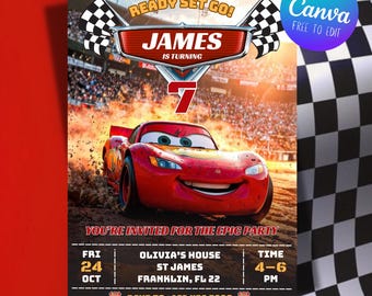 Cars Birthday Invitation, Kids Birthday Invitation, Lightning McQueen Invitation, Digital Download, Canva Template