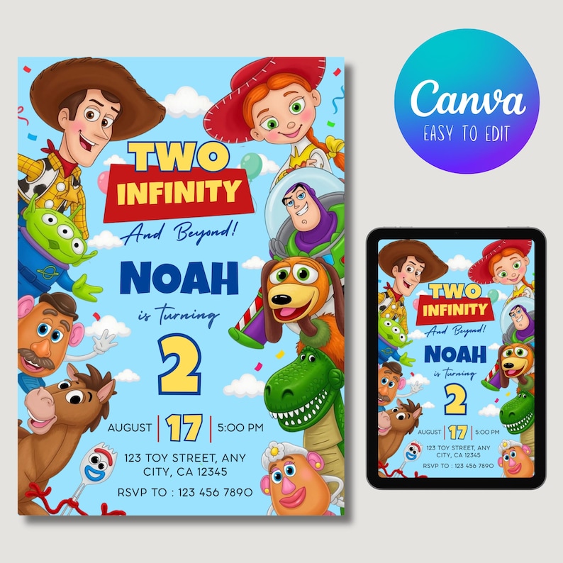 May include: A digital birthday invitation template featuring cartoon characters including a cowboy, cowgirl, space ranger, green alien, potato figures, a dog, a dinosaur, and a spork. Text reads: TWO INFINITY And Beyond! NOAH is Turning 2.
