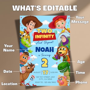 May include: A digital birthday invitation template featuring cartoon characters including a cowboy, cowgirl, space ranger, dinosaur, and potato figures. The text reads TWO INFINITY And Beyond! NOAH is Turning 2, AUGUST 17, 5:00 PM, 123 TOY STREET, ANY CITY, CA 12345, RSVP TO: 123 456 7890.
