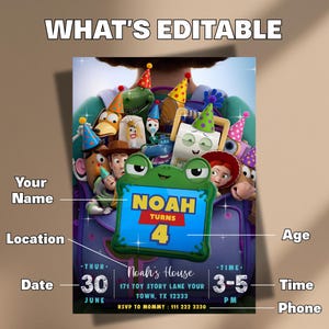 May include: A digital birthday invitation template featuring Toy Story characters wearing party hats. The center displays a green frog-shaped frame with the text NOAH TURNS 4. Editable fields include Your Name, Location, Date, Time, and Phone number.