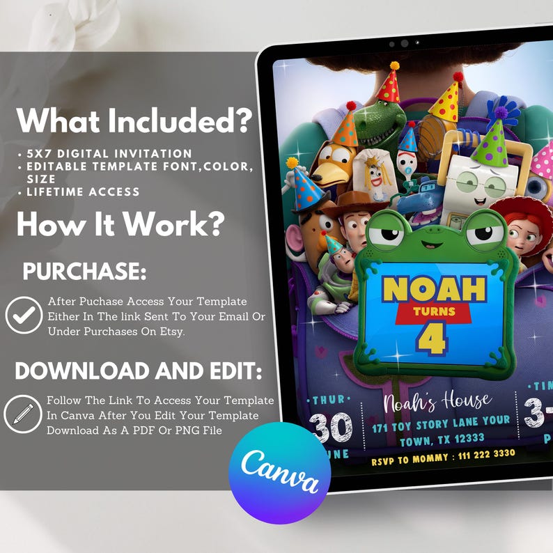 May include: A digital birthday invitation template featuring animated characters wearing party hats. The text reads Noah turns 4, with event details including the date, location at 171 Toy Story Lane, and RSVP information. The design includes a Canva logo.