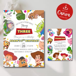 Op de afbeelding: Een set verjaardagsuitnodigingen en bedankkaartjes met kleurrijke tekenfilmfiguren uit een film. De uitnodigingstekst luidt: You've got a friend who's turning three, Adam's 3rd birthday, June 28 at 5:00 PM. De bedankkaart bevat de tekst: Thankyou, I loved the cake and the presents, but the very best part is celebrating with you! Alex.