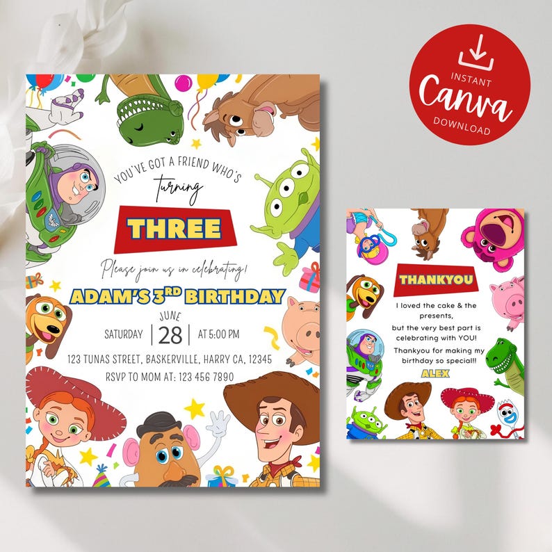 Op de afbeelding: Een set verjaardagsuitnodigingen en bedankkaartjes met kleurrijke tekenfilmfiguren uit een film. De uitnodigingstekst luidt: You've got a friend who's turning three, Adam's 3rd birthday, June 28 at 5:00 PM. De bedankkaart bevat de tekst: Thankyou, I loved the cake and the presents, but the very best part is celebrating with you! Alex.