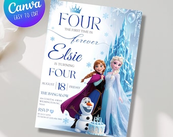 Verjaardagskaart Frozen, uitnodiging voor een feestje met prinses Elsa en Anna, Frozen-thema voor een meisjesverjaardag, bewerkbare Canva-sjabloon, digitale download