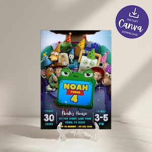 May include: A rectangular birthday invitation card featuring a group of animated toy characters in a purple backpack. A green frog-shaped frame in the center displays the text NOAH TURNS 4. Additional text includes date, time, location, and contact details.