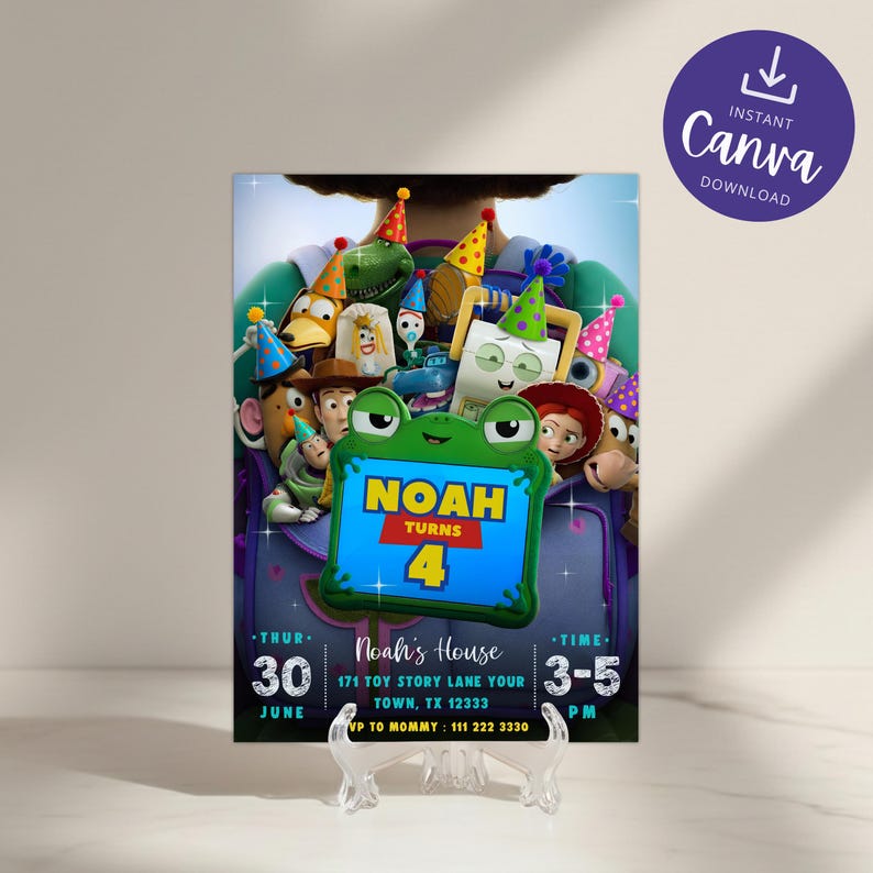 May include: A rectangular birthday invitation card featuring a group of animated toy characters in a purple backpack. A green frog-shaped frame in the center displays the text NOAH TURNS 4. Additional text includes date, time, location, and contact details.