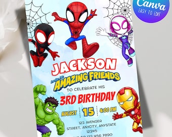 Spidey And His Amazing Friends Birthday Invitation, Spidey And Friends Boys Bday Invite, Superhero Birthday Canva Template, Digital Download