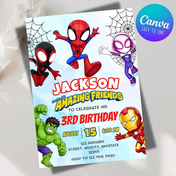 Spidey And His Amazing Friends Birthday Invitation, Spidey And Friends Boys Bday Invite, Superhero Birthday Canva Template, Digital Download
