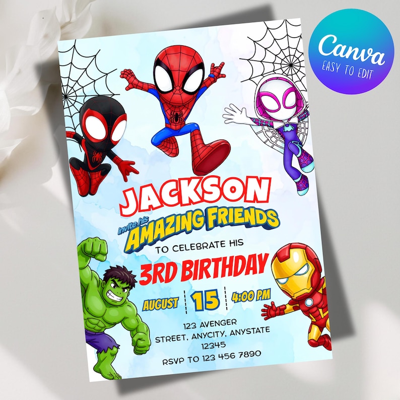 May include: A rectangular birthday invitation card featuring cartoon illustrations of Spider-Man, Miles Morales, Ghost-Spider, Hulk, and Iron Man. The text reads Jackson invite his AMAZING FRIENDS TO CELEBRATE HIS 3RD BIRTHDAY AUGUST 15 4:00 PM 123 AVENGER STREET.
