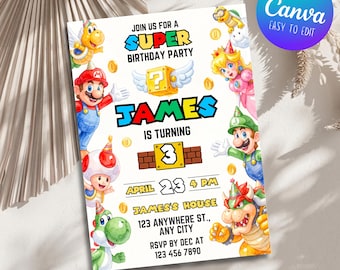 Bewerkbare Super Mario verjaardagskaart, Mario feestuitnodiging voor kinderen, uitnodiging voor jongens en meisjes, 5x7 inch bewerkbaar Canva-sjabloon (digitale download)
