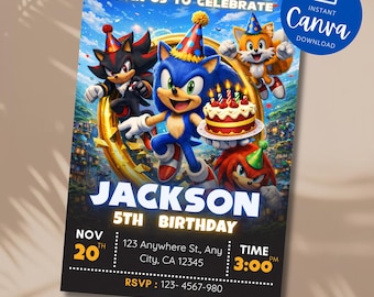 Sonic 3 Birthday Invitation, Super Hedgehog Boys Party Invite, Super Sonic Party Invitation, Editable Sonic Invite Template, Canva Template