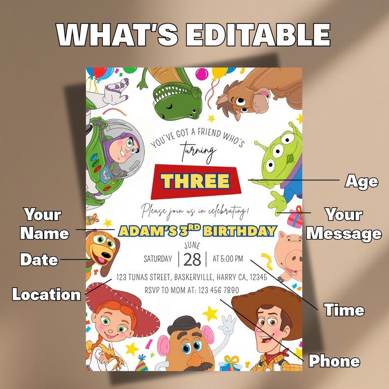 Editable Any Age Toy Story Birthday invitation, Toy Story Party Invite, Kids Birthday Invites, Editable Canva Template (Digital Download) afbeelding 10