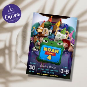 May include: A rectangular birthday invitation card featuring a group of animated toy characters in a purple backpack. A green frog-shaped frame in the center displays the text NOAH TURNS 4. Details include the date, time, and location in white text.