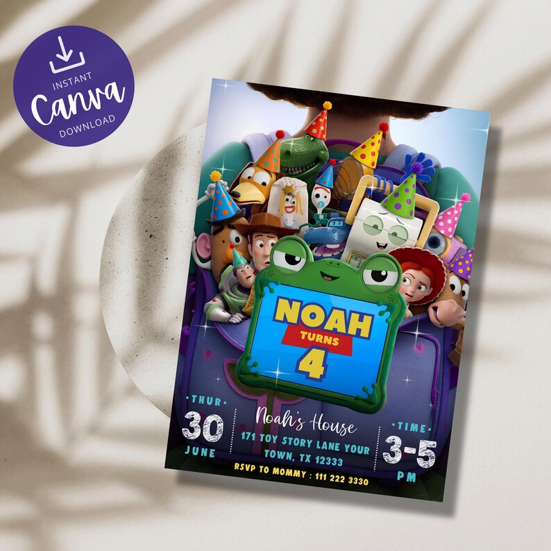 May include: A rectangular birthday invitation card featuring a group of animated toy characters in a purple backpack. A green frog-shaped frame in the center displays the text NOAH TURNS 4. Details include the date, time, and location in white text.