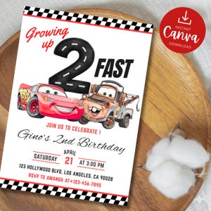 May include: A white invitation card with a black and white checkered border features the text "Growing up 2 FAST" and illustrations of Lightning McQueen and Mater from the Cars movie. The card is for Gino's 2nd Birthday.