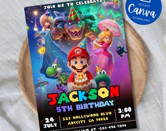 マリオギャラクシー誕生日招待状、宇宙パーティー招待状、男の子向けゲームパーティーカード、即時ダウンロード、編集可能なCanvaテンプレート（5 x 7インチ）