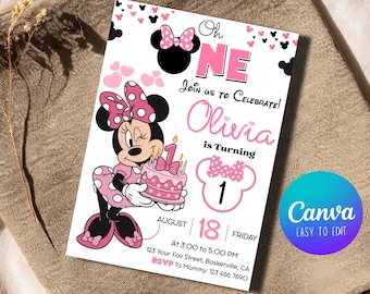 Bewerkbare Minnie Mouse verjaardagskaart, Minnie Mouse uitnodiging voor de eerste verjaardag, kinderverjaardagskaart, Canva-sjabloon