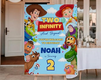 Welkomstbord voor de 2e verjaardag met Toy Story-thema, verjaardagsposter Two Infinity and Beyond, welkomstbord met Toy Story-thema, Canva-sjabloon (digitale download)