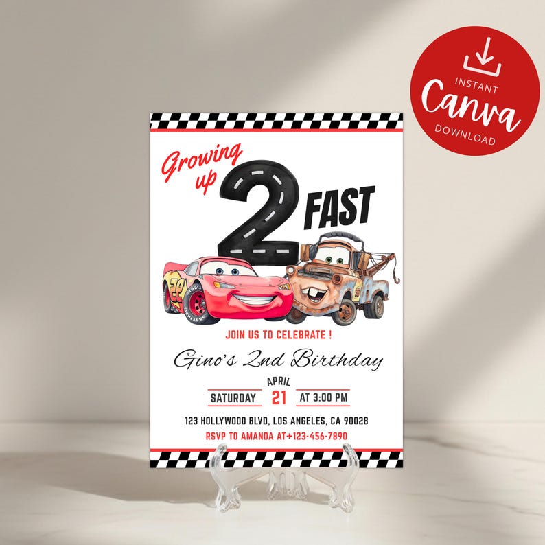 May include: A birthday invitation featuring the text "Growing up 2 Fast" with illustrations of Lightning McQueen and Mater from the Cars movie. The invitation includes event details and a Canva download icon.