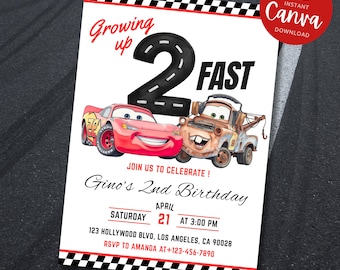 Lightning Mcqueen 2nd Birthday Invitation, Cars Party Invite, Growing Up Two Fast Invite, Editable Personalized Canva Digital Download