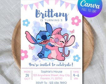 Editable Stitch and Angel Birthday Invitation, Cute Stitch Party Invite, Stitch Party Invite for Girls, Stitch Invite, Canva Template