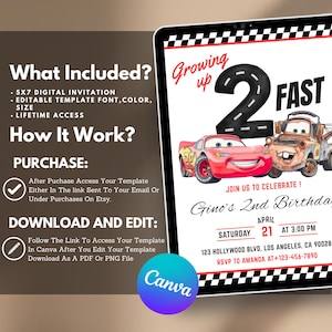May include: Digital invitation template for a child's second birthday, featuring a race car theme. The design includes the text "Growing Up Fast" and "Gino's 2nd Birthday". The invitation is editable in Canva and includes a 5x7 digital invitation.