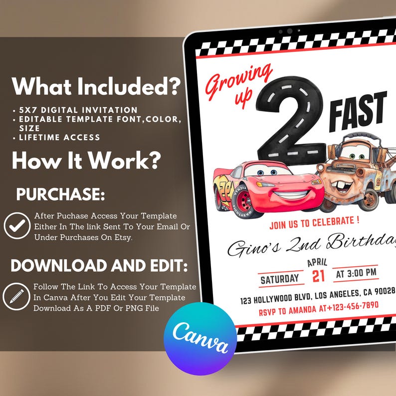 May include: Digital invitation template for a child's second birthday, featuring a race car theme. The design includes the text "Growing Up Fast" and "Gino's 2nd Birthday". The invitation is editable in Canva and includes a 5x7 digital invitation.