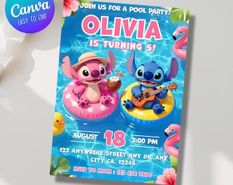 Stitch Pool Party verjaardagsuitnodiging, Lilo and Stitch Summer Luau uitnodigen, Hawaii party, bewerkbare 5 x 7 canvas sjabloon (digitale download)