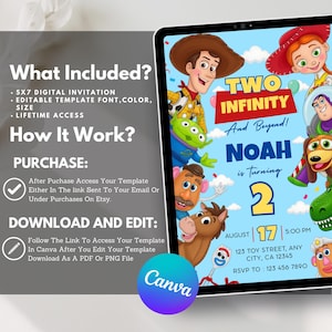 May include: A digital invitation template displayed on a tablet screen featuring Toy Story characters including Woody, Jessie, Buzz Lightyear, and Rex. The text reads Two Infinity And Beyond! Noah is turning 2, August 17, 5:00 PM, 123 Toy Street, Any City, CA 12345, RSVP to 123 456 7890.