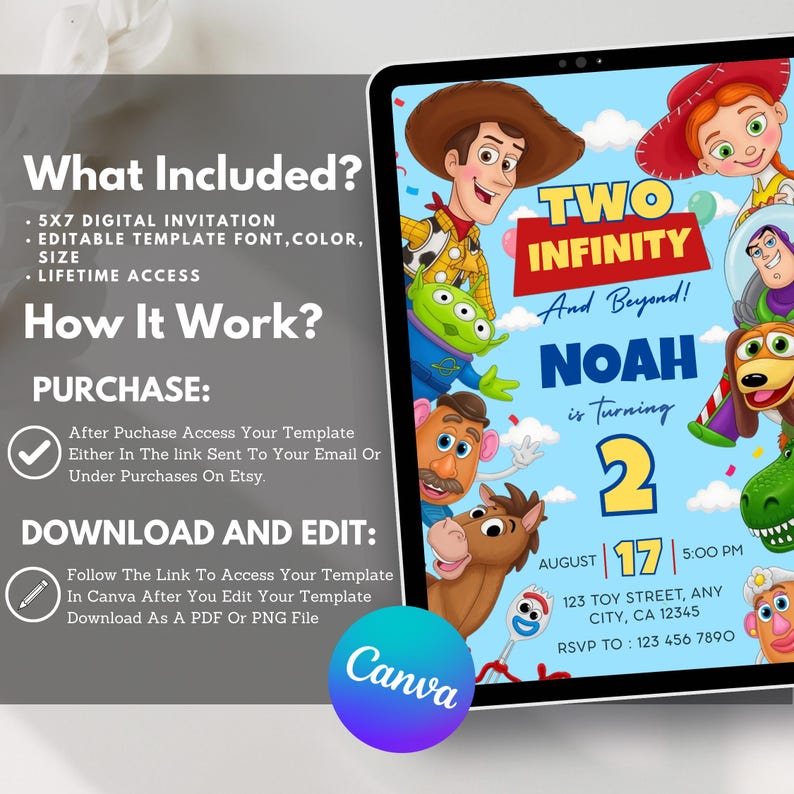 May include: A digital invitation template displayed on a tablet screen featuring Toy Story characters including Woody, Jessie, Buzz Lightyear, and Rex. The text reads Two Infinity And Beyond! Noah is turning 2, August 17, 5:00 PM, 123 Toy Street, Any City, CA 12345, RSVP to 123 456 7890.