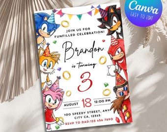 Sonic verjaardagskaart, Sonic the Hedgehog jongensfeestje, Sonic Super jongensfeest uitnodiging, bewerkbare Canva-sjabloon, digitale download