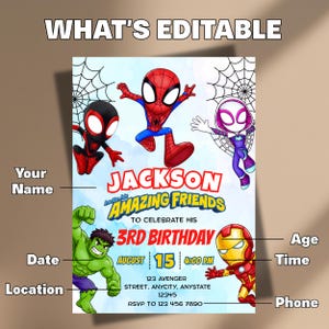 May include: A digital birthday invitation template featuring cartoon superheroes including Spider-Man, Miles Morales, Ghost-Spider, Hulk, and Iron Man. The text reads WHAT'S EDITABLE, JACKSON, INVITE HIS AMAZING FRIENDS TO CELEBRATE HIS 3RD BIRTHDAY.