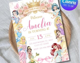 Editable Any Age Princess Birthday Invitation, Water Color Royal Princess Theme Party, Princess Birthday Invite, (Digital Download)