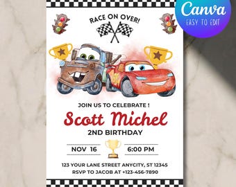 Lightning Mcqueen Birthday Invitation, Cars Theme Invite, Kids Birthday Party, Lightning McQueen mater, Canva Editable, Digital Download