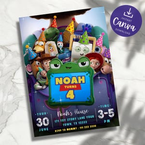 May include: A birthday invitation card featuring Toy Story characters wearing colorful party hats. A central green frog-shaped frame displays the text NOAH TURNS 4. Details include Thursday June 30, Noah's House, 171 Toy Story Lane, 3-5 PM, and RSVP 111 222 3330.