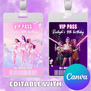 May include: Two VIP pass designs with a pink and purple theme. The passes read "VIP PASS" and "Reilegh's 9th birthday". One pass has a pink background with illustrations of musical notes and butterflies. The other pass has a purple background with illustrations of three girls.