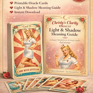 May include: A bundle featuring a 44-card retro pin-up oracle deck and guidebook. The deck includes printable oracle cards and a light and shadow meaning guide. The deck and guidebook feature vintage-style illustrations of women in retro nurse attire. The text "Care With Attitude" is visible.