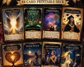 Peut inclure: Un jeu de 44 cartes oracle imprimables Celebrations avec des bordures noires et des filigranes dorés. Chaque carte présente une illustration unique et un titre comme Angel Wings, Emerald Crown, Fireworks, Graduation, Growing Together, Inner Peace, Recognition et Spirit Guide.