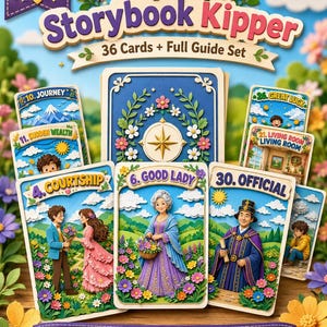 May include: A Pop-Up Storybook Kipper deck featuring 36 cards and a full guide set. The cards display colorful illustrations of characters and scenes with titles like Journey, Sudden Wealth, Courtship, Good Lady, and Official. The set is labeled as an instant download printable deck.