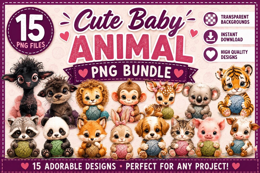 Baby Animal PNG Clipart Bundle, Kawaii Nursery Sublimation Designs ...