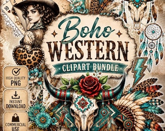 Boho Western Clipart Bundle | Turquoise Cowgirl Feather, Leopard, Aztec Graphics (Digital Download)