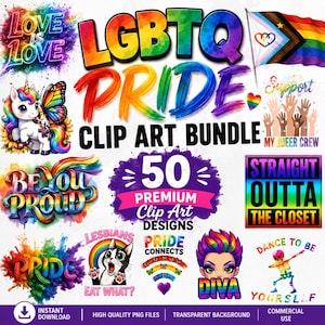 Peut inclure: Un ensemble de cliparts numériques comprenant 50 designs LGBTQ Pride, incluant une licorne arc-en-ciel, un drapeau des fiertés, des mains levées, un chat, un squelette et des textes comme Love is Love, Be You Proud et Straight Outta The Closet.