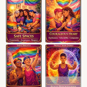 May include: Four tarot cards with illustrations and text. The cards feature images of people, rainbows, and text such as "Safe Spaces" and "Courageous Heart." The cards have a purple border and are designed with a spiritual theme.