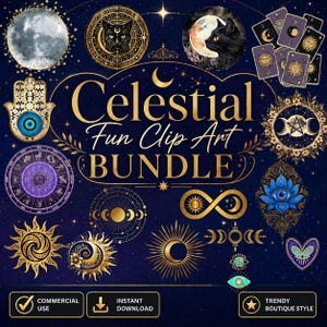 Bundle med himmelska clipart-motiv | Måne, stjärnor, kosmisk bohemisk grafik (digital nedladdning)