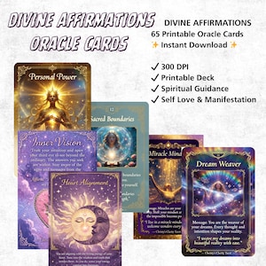 以下が含まれることがあります： 「DIVINE AFFIRMATIONS ORACLE CARDS」のテキストが入ったオラクルカードのコレクション。カードには、「Personal Power」、「Inner Vision」、「Heart Alignment」などのイラストとテキストが描かれています。画像には「65 Printable Oracle Cards」と「Instant Download」の文字も含まれています。