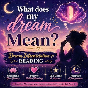 May include: A digital art image with a celestial theme. The text "What does my dream Mean?" is displayed in pink and white. The image includes a crescent moon, a thought bubble with a door, and icons representing dream interpretation.