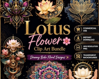 May include: A digital art bundle featuring lotus flower designs in various styles. The image includes gold text that reads "Lotus Flower Clip Art Bundle" and "Dreamy Boho Floral Designs". The designs include a variety of colors and styles.