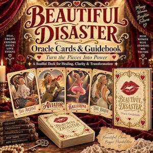 May include: A Beautiful Disaster oracle card deck and guidebook set featuring a box with a red lip illustration, four display cards titled The Artist, The Aviator, The Ballerina, and The Bride, and a stack of cards on a dark red velvet surface.