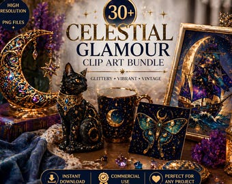 Celestial Clipart Bundle, Mystical Galaxy Illustrations, Moon Stars Astrology Graphics (Digital Download)