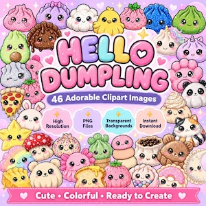 Puede incluir: Una colección digital de 46 adorables imágenes prediseñadas con personajes de estilo kawaii, incluyendo dumplings, animales, comida y plantas. El texto central dice HELLO DUMPLING, con texto adicional que indica 46 Adorable Clipart Images, High Resolution, PNG Files, Transparent Backgrounds, Instant Download, y Cute, Colorful, Ready to Create.